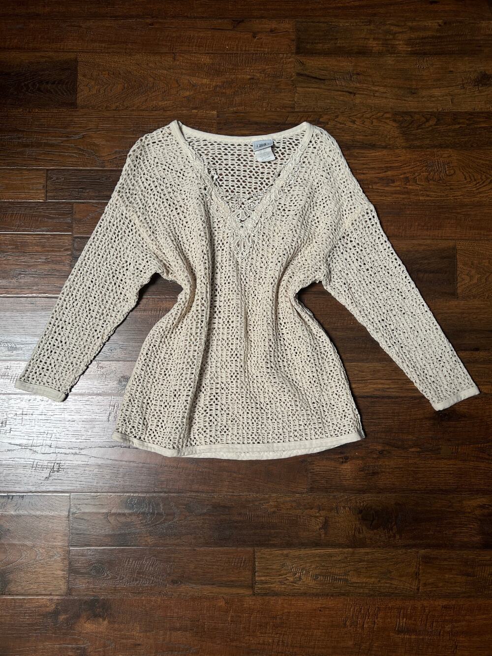 Vintage David Wayne Cotton Crochet Sweater Ivory Open Knit Floral V-Neck Medium